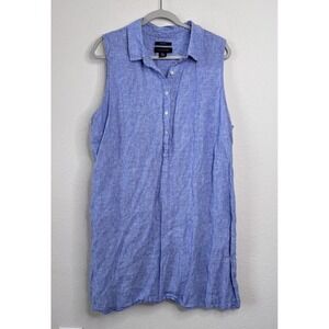 Tahari 100% Linen Sleeveless Shirt Dress Women's 2X Blue Collared Beach Coastal